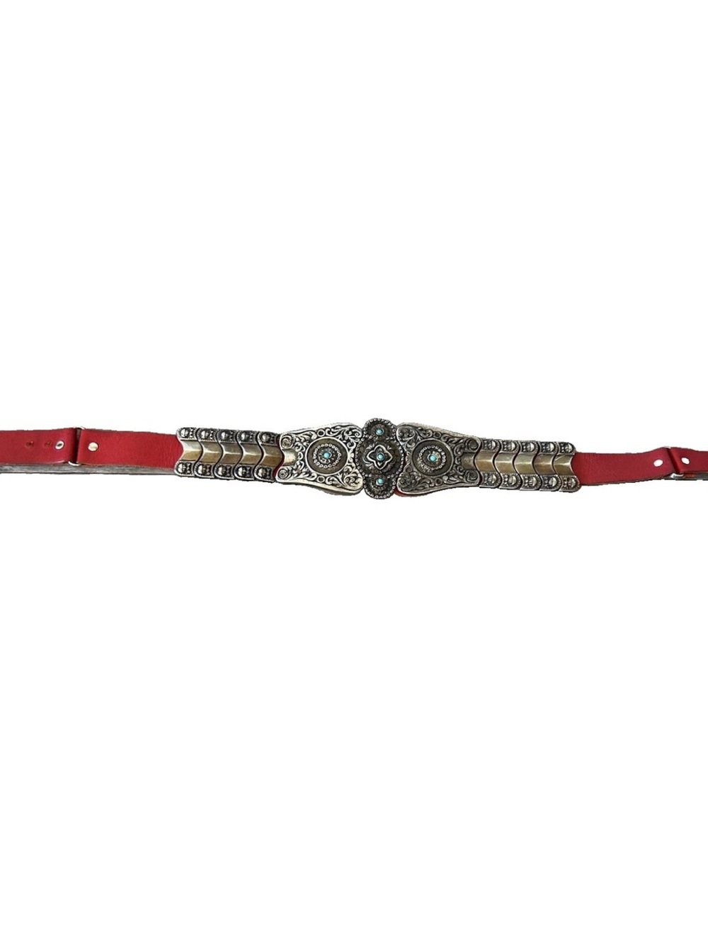 Vintage Red Leather Concho Belt Turquoise Silver Tone Western Boho 36.5” S/M - Picture 9 of 16